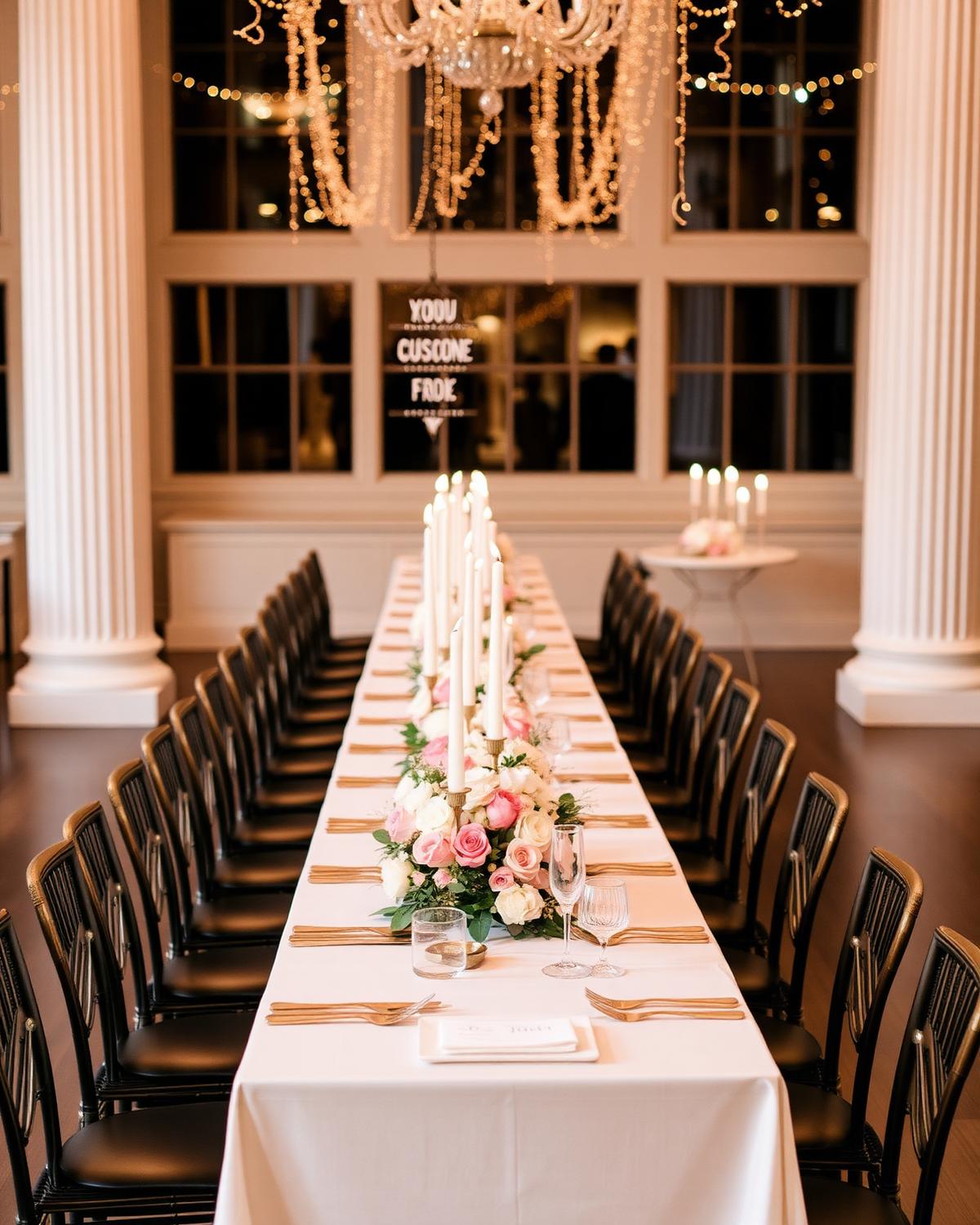 Wedding reception dining room styled with florals and candlelight